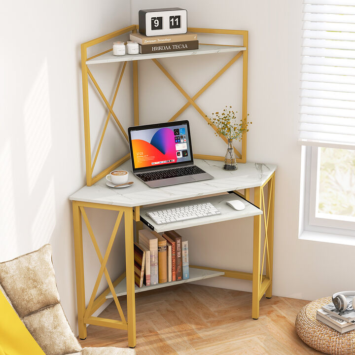 Space-Saving Corner Computer Desk with Hutch and Keyboard Tray for Home Office Organization