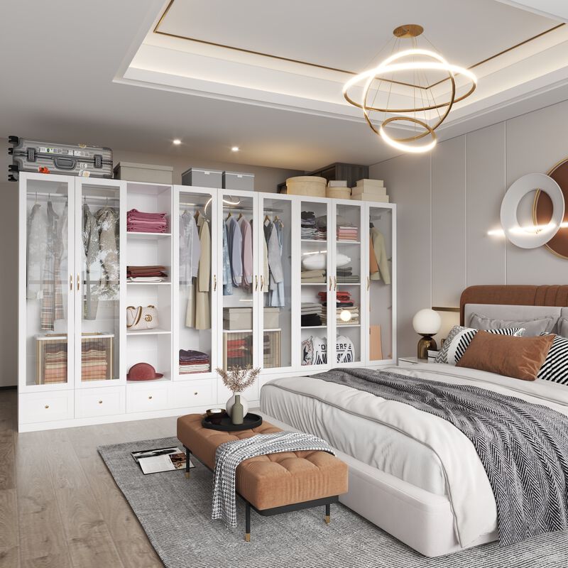 White Armoire Wardrobe Closet with Glass Doors, 9 Drawers, 4-Tier Shelves & Hanging Bar, Wooden Closet Storage Cabinet with Large Compartment for Bedroom