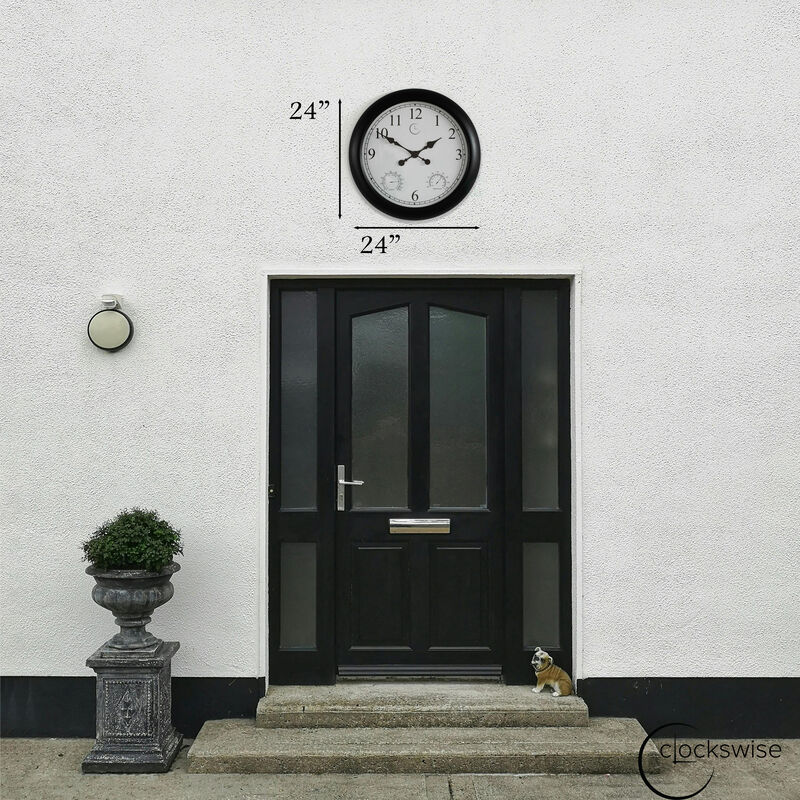 24-inch Large Outdoor Wall Clock Thermometer Combo, Waterproof Hygrometer Silent Battery Operated Clocks Timepiece Garden Weather Master Station for Home Indoor or Patio Pool Photography Props Black