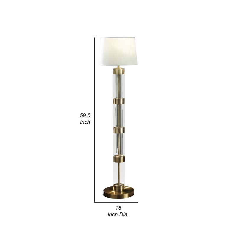 Kria 60 Inch Floor Lamp, Clear Glass Stand, Metal Bands, Antique Brass-Benzara