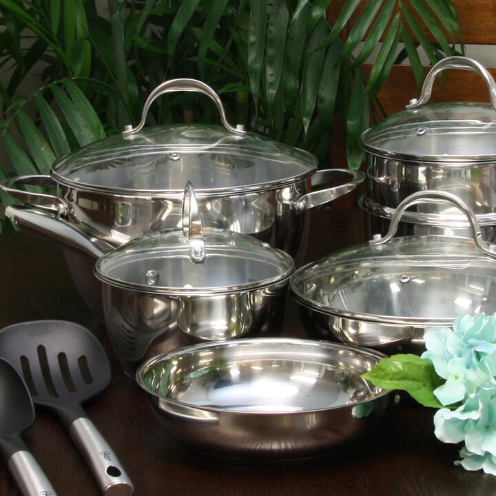 Oster Ridgewell 13 piece Stainless Steel  Belly Shape Cookware Set in Silver Mirror Polish with Hollow Handle