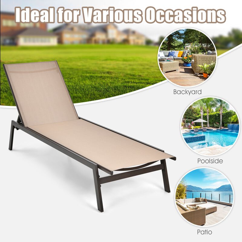 Outdoor Reclining Chaise Lounge Chair with 6-Position Adjustable Back