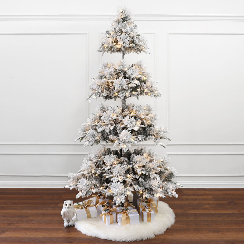 LuxenHome 7.5Ft Pre-Lit Flocked Slender Artificial Pine Christmas Tree