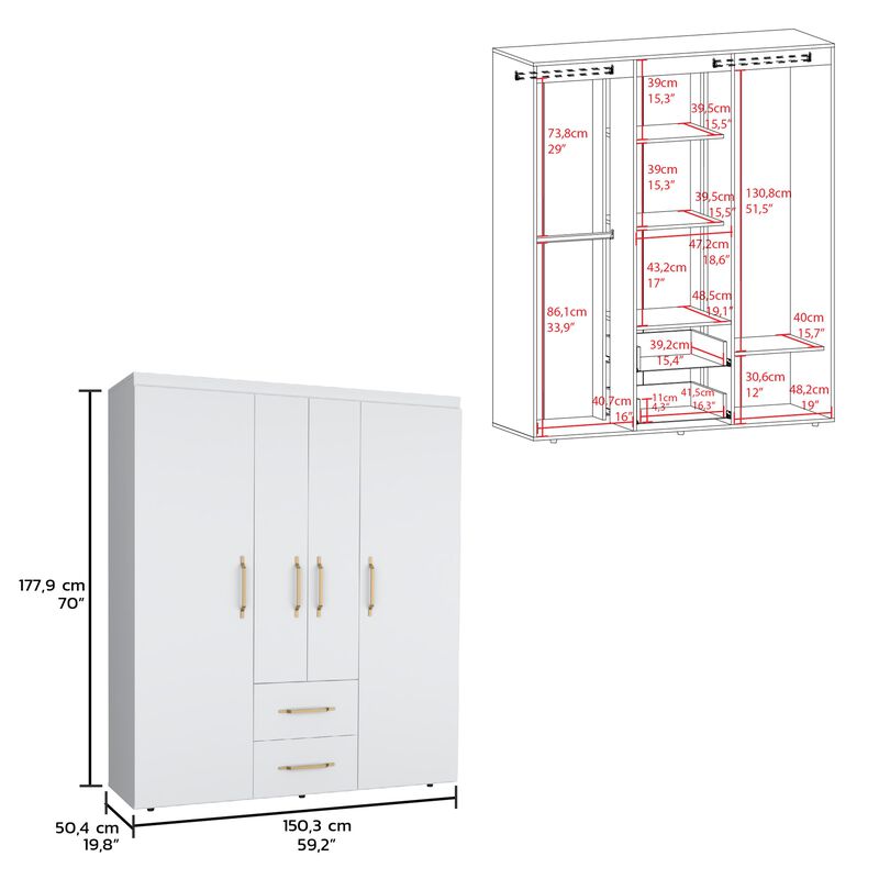 Bariloche Wardrobe, Multi-Section Storage with Hanging Rods, Shelves, and 2 Drawers-White