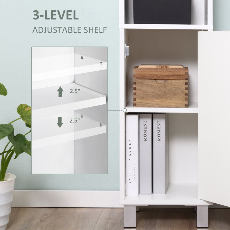 White Bathroom Tower: 71" Freestanding Cabinet with Mirror and Shelves