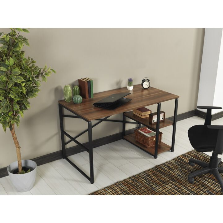 Furnish Home Store Sage Black Metal Frame 47" Wooden Top 2 Shelves Writing and Computer Desk for Home Office, Walnut