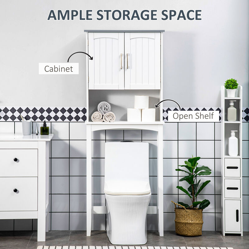 Modern Over The Toilet Storage Cabinet w/ Adjustable Shelf & Open Shelf Grey