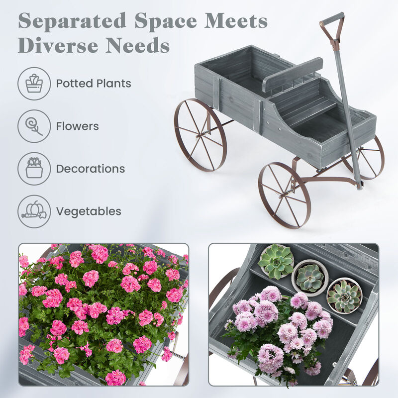 Wooden Wagon Plant Bed With Wheel for Garden Yard