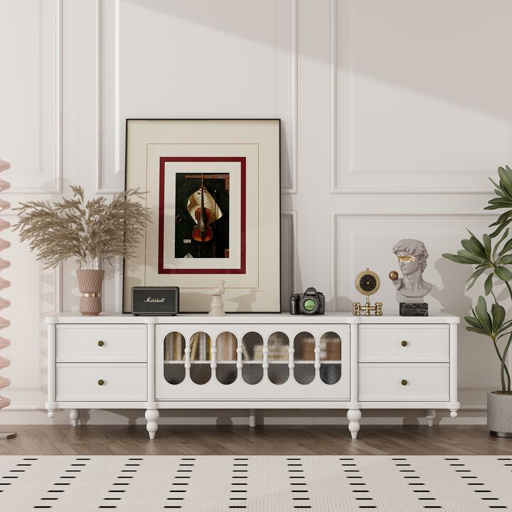 FUFU&GAGA French-Inspired TV Stand – Elegant Entertainment Center with Glass Doors & Storage Drawers, Classic Cabinet for Living Room (70.9" W x 15.7" D x 20.9" H), White