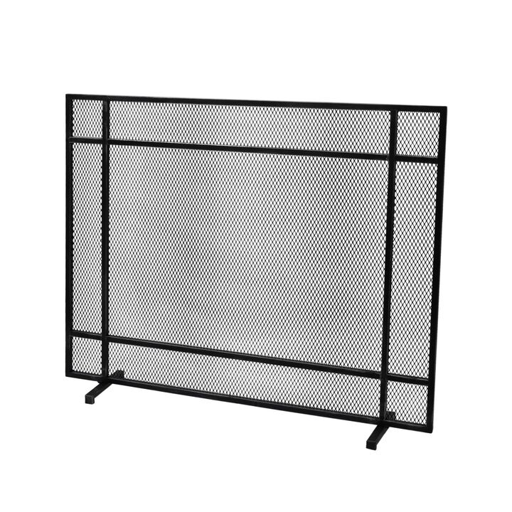 Hype Fireplace Screen with Mesh, Single Panel, Black and Silver - Benzara