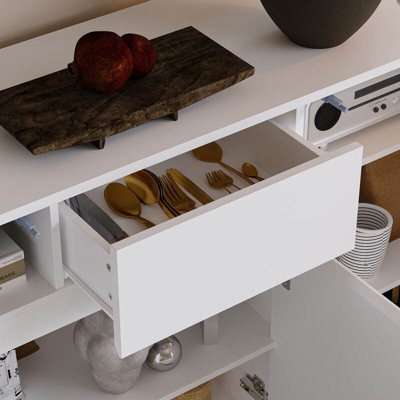 FUFU&GAGA Modern White Cabinet – 3 Doors, 1 Drawer, Arched Design, MDF Living Room Storage Cabinet (47.2" W x 13.7" D x 33.5" H), White