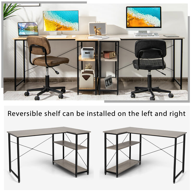 Costway 48'' Reversible L Shaped Computer Desk Home Office Table Adjustable Shelf Brown