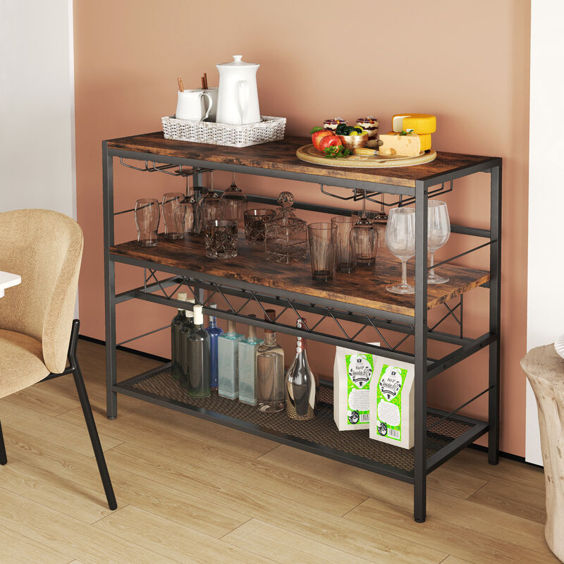 4-Tier Bar Table with Wine Rack and 4 Rows of Glass Holders