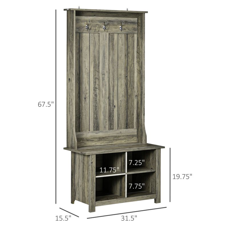 Gray Entryway Storage: Hall Tree with Shoe Bench & Coat Rack