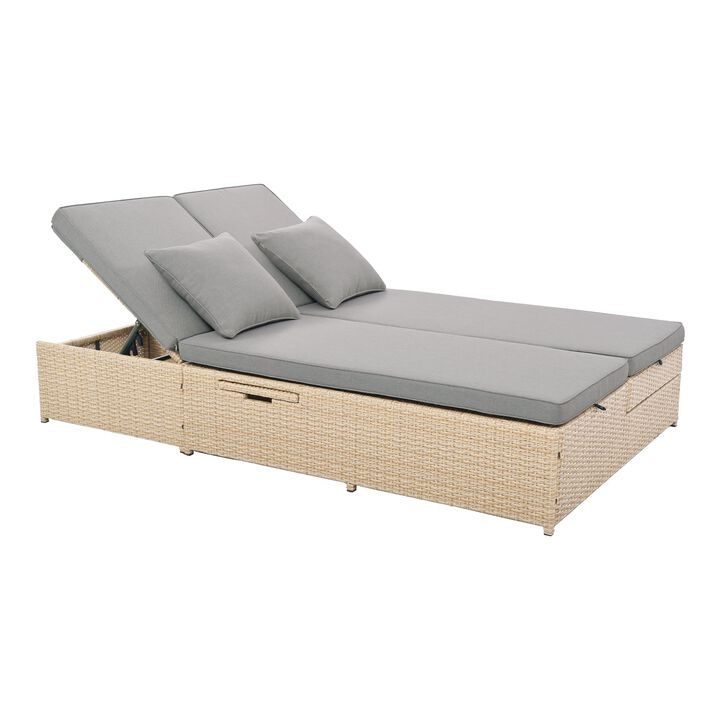 MONDAWE Outdoor Double Sunbed, Wicker Rattan Patio Reclining Chairs with Adjustable Backrest and Seat, Conversational Set