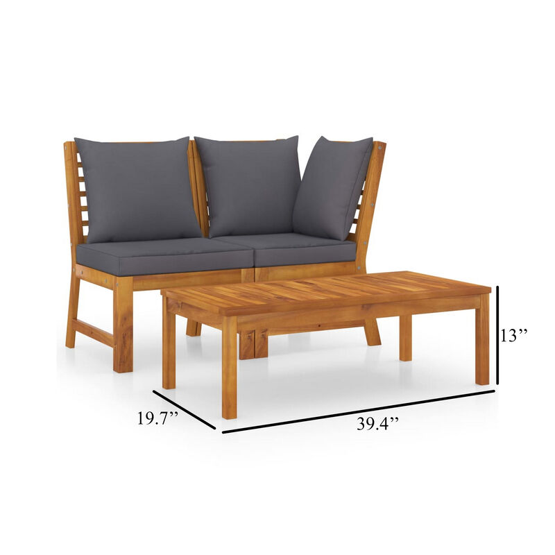 Kio 3pc Outdoor Sofa and Coffee Table Set Dark Gray, Solid Acacia Wood - Benzara