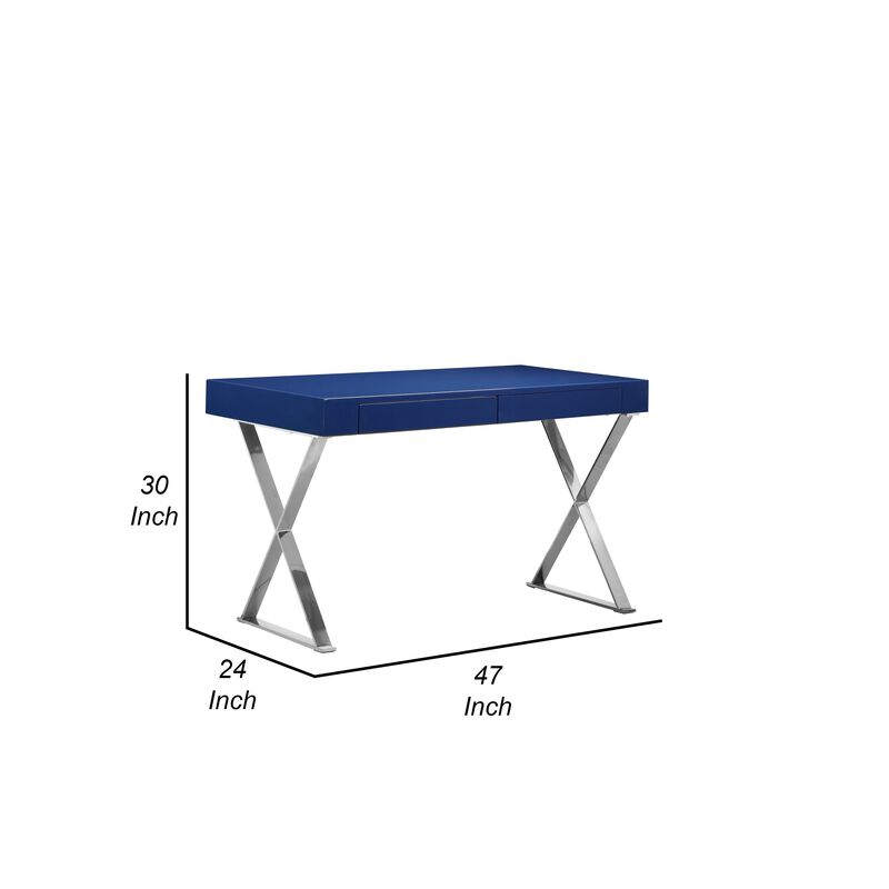 Rix 47 Inch Office Desk, Navy Wood Top, 2 Drawers, X Polished Steel Legs - Benzara