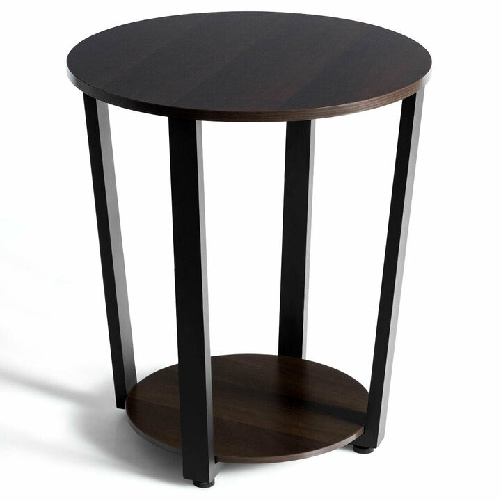2-tier Round End Table with Storage Shelf & Metal Frame