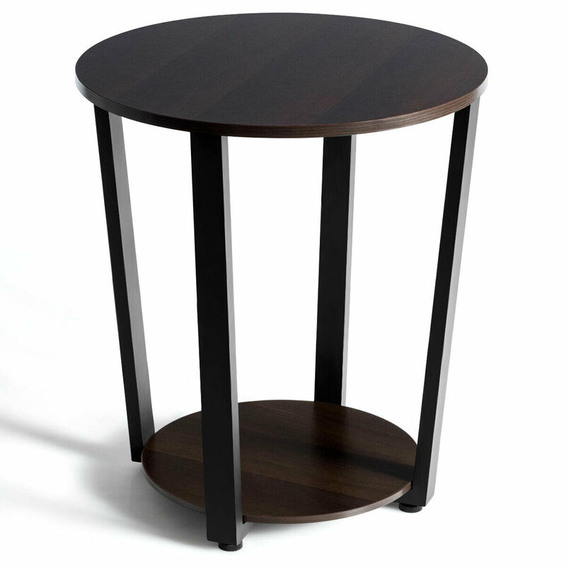 2-tier Round End Table with Storage Shelf & Metal Frame