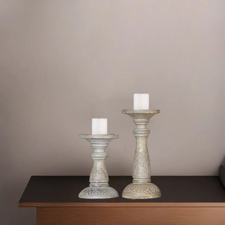 Traditional Gray Wash Eco-friendly Handmade Mango Wood Set Of Two 9" & 12" Pillar Candle Holder BBH Homes