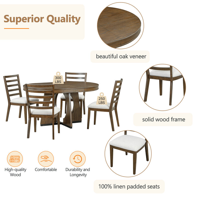 Gewnee  5-Piece Retro Rustic Functional Dining Set Unique Geometric Design, 1 Extendable Table with a 16-inch Leaf and 4 Upholstered Chairs Ideal for Dining Room and Kitchen (Walnut)