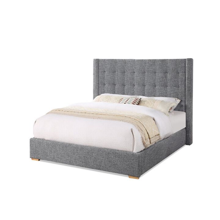 Lyn King Size Platform Bed, Wingback Headboard, Gray Tweed Upholstery - Benzara