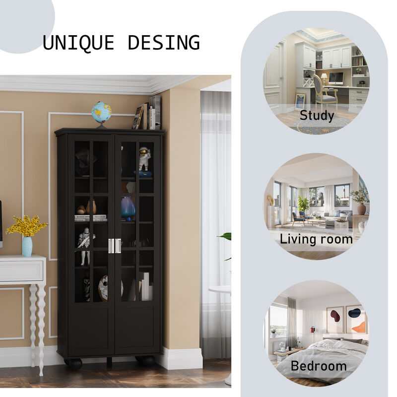 31.5 in. W, Black Wooden 2-Door Standard Bookcase, Storage Cabinet with 5 Shelves Storage and Tempered Glass Doors