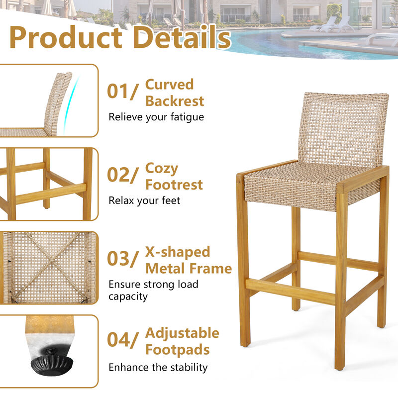 Set of 2 Rattan Patio Wood Barstools Dining Chairs with Backrest-Set of 2