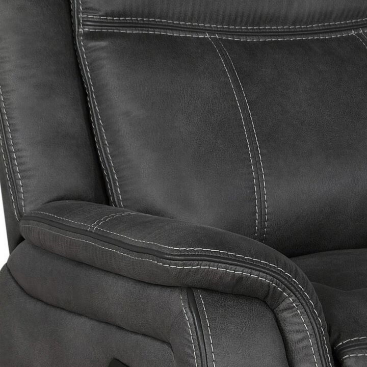Lenard 41 Inch Manual Gliding Recliner, Piped Details, Charcoal Gray, Black-Benzara