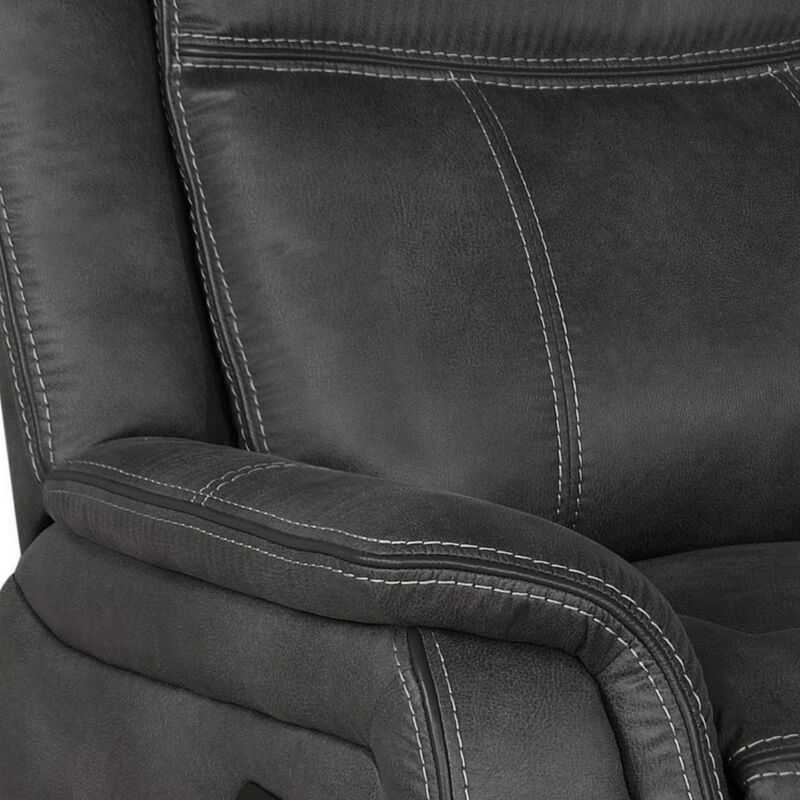 Lenard 41 Inch Manual Gliding Recliner, Piped Details, Charcoal Gray, Black-Benzara