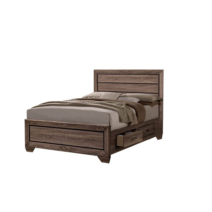 Wooden Queen Size Bed with 4 Spacious Side Rail Drawers, Brown-Benzara