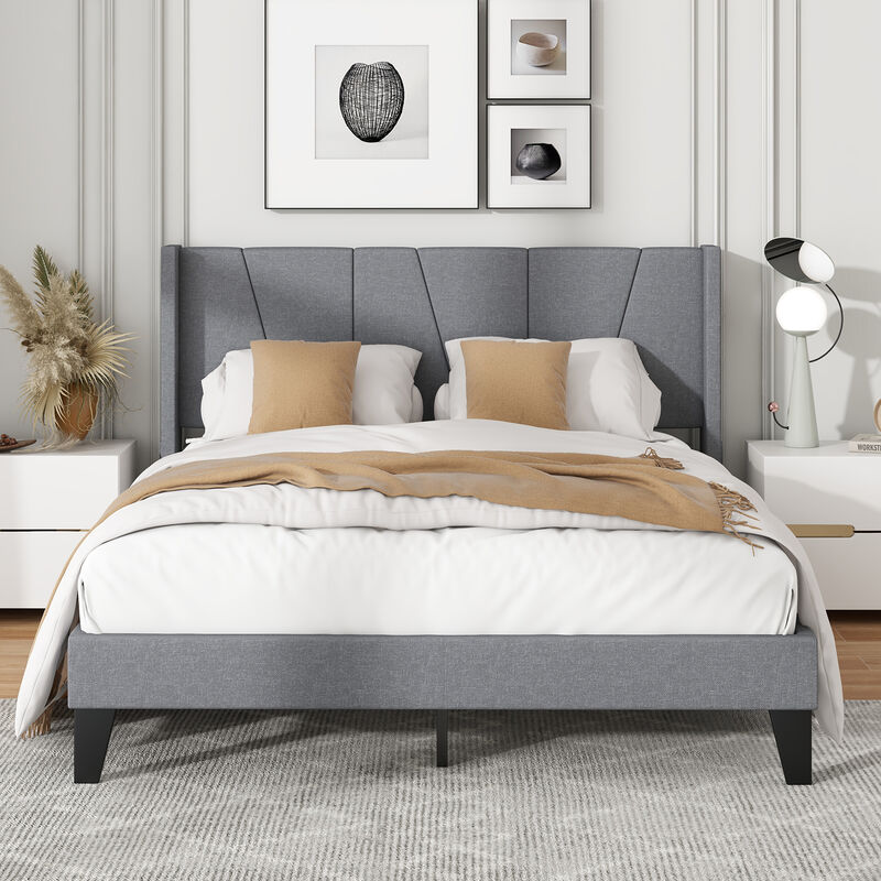 Elegant Bed Frame with Wingback Headboard and Wooden Slat Support Stylish Bedroom Furniture