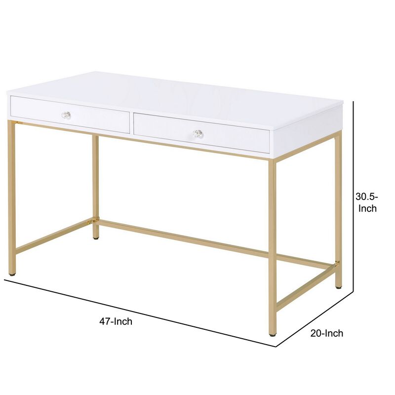 Two Drawers Wooden Desk with Tubular Metal Base, White and Gold-Benzara