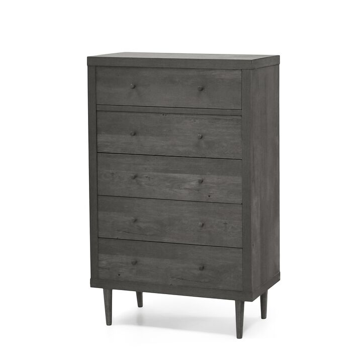 Minie Tall Dresser Chest, 5 Drawers, Rubberwood Legs, Modern Gray - Benzara