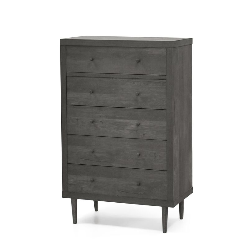 Minie Tall Dresser Chest, 5 Drawers, Rubberwood Legs, Modern Gray - Benzara