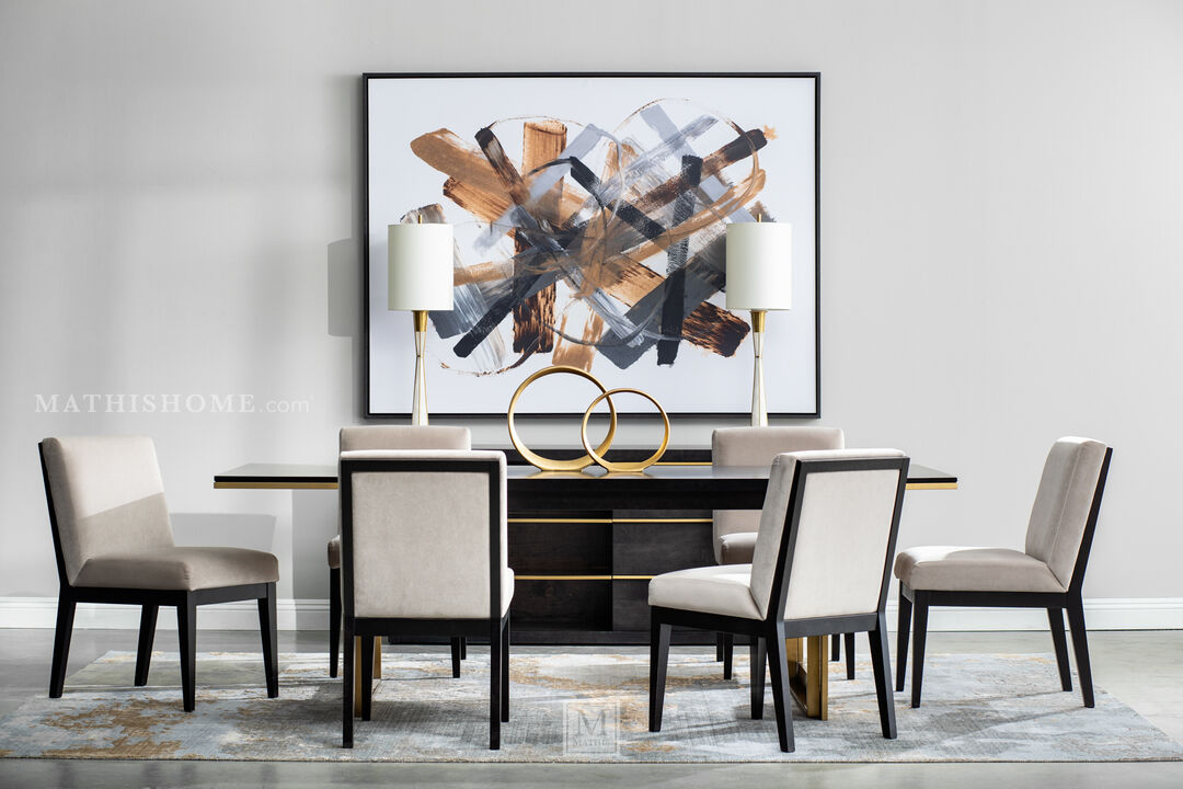 Wide rectangular dining table with gold art-framed inspired legs.