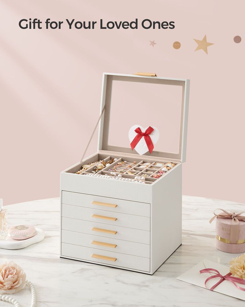 Elegant 6-Layer Jewelry Box with Glass Lid and 5 Drawers - Perfect Gift for Loved Ones