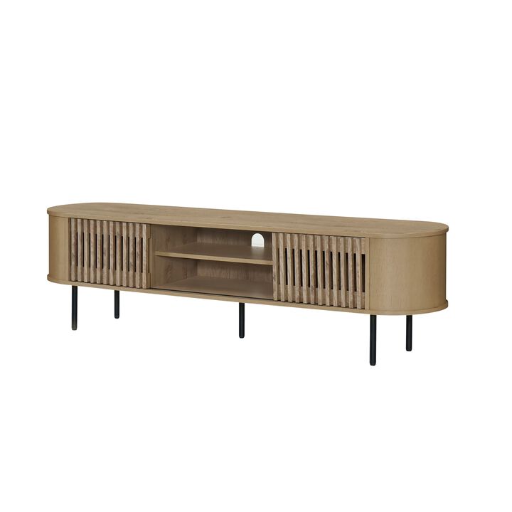 Brandon TV Stand Media Console, Shelf 2 Cabinets, Beige Wood, 71 Inch - Benzara