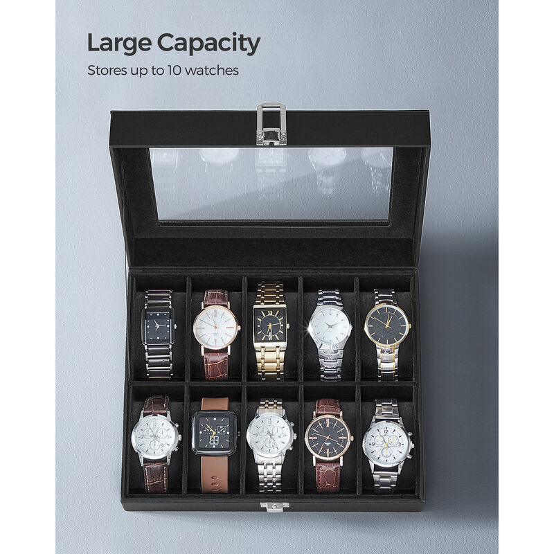 10-Slot Box with Glass Lid Jewelry Holder Case with Removable Pillow