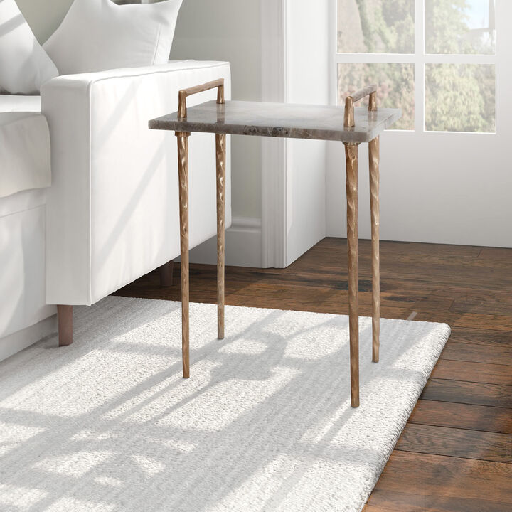 22 Inch Accent Table, Agate Stone Top, Modern, Sleek Metal Frame, Bronze - Benzara