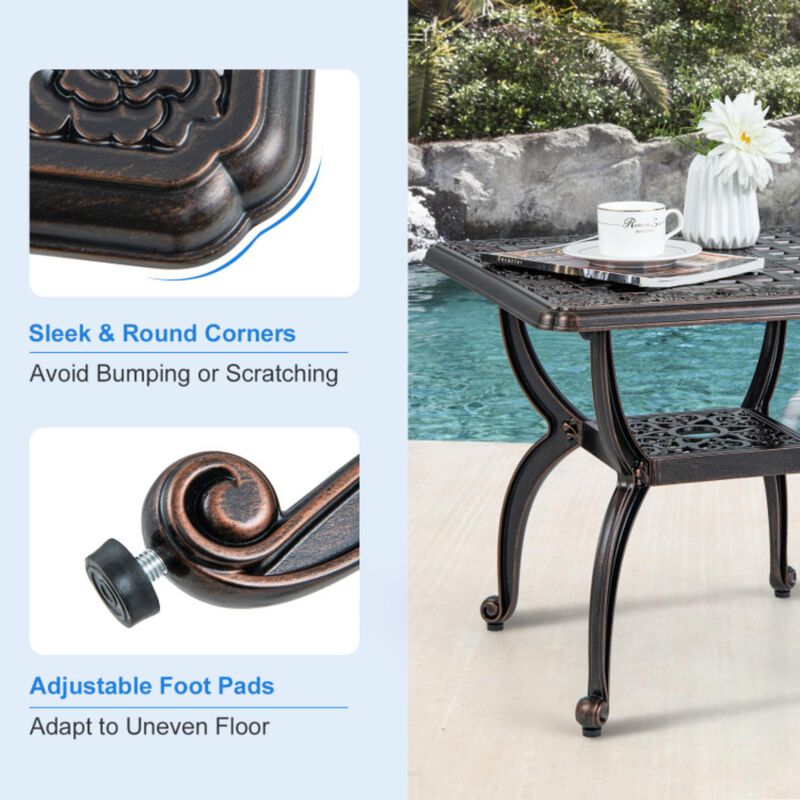 Hivvago Cast Aluminum Outdoor Side Table with Storage Shelf for Garden Porch Balcony