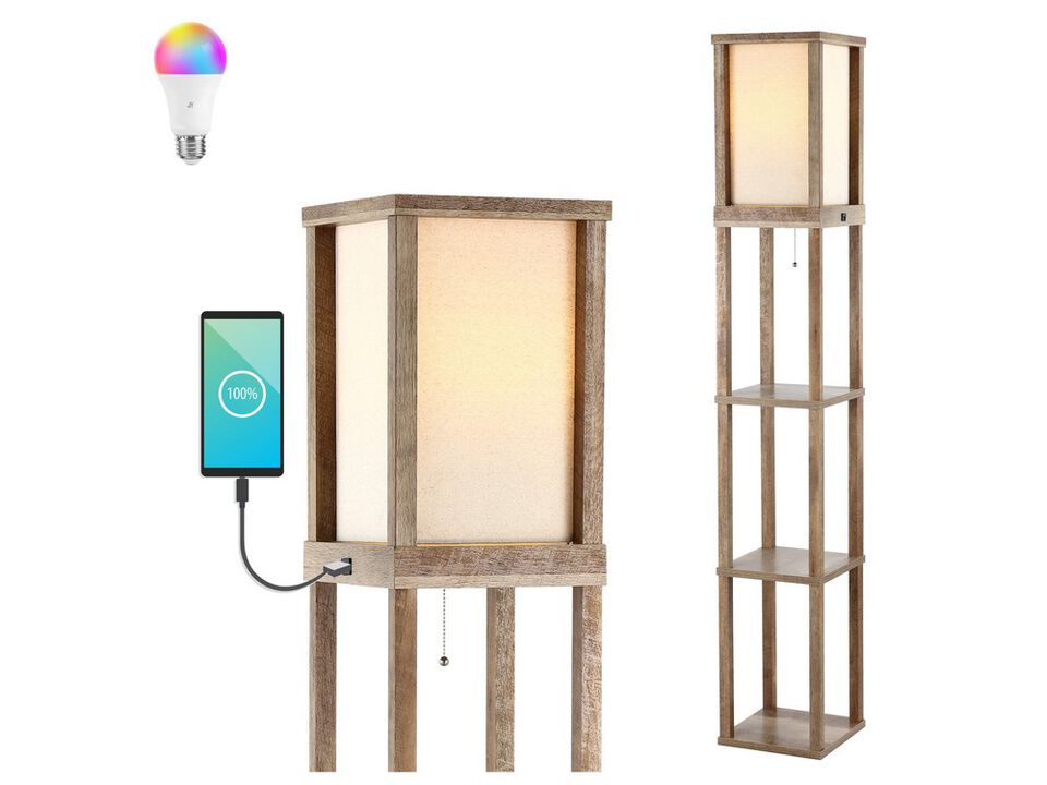 Etagere Rustic Bohemian Wooden LED 3-Shelf Floor Lamp with Pull-Chain