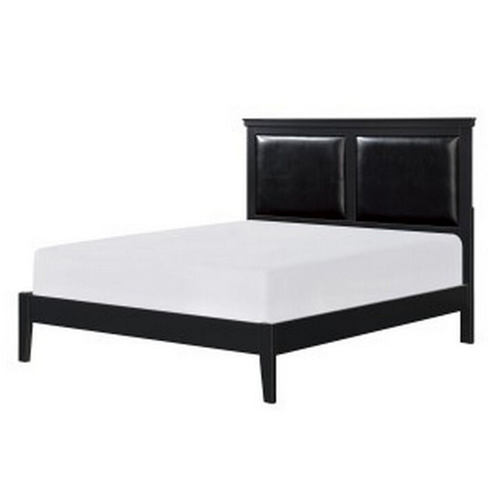 Brite Queen Size Bed, Black Faux Leather Upholstered Headboard, Low Profile - Benzara