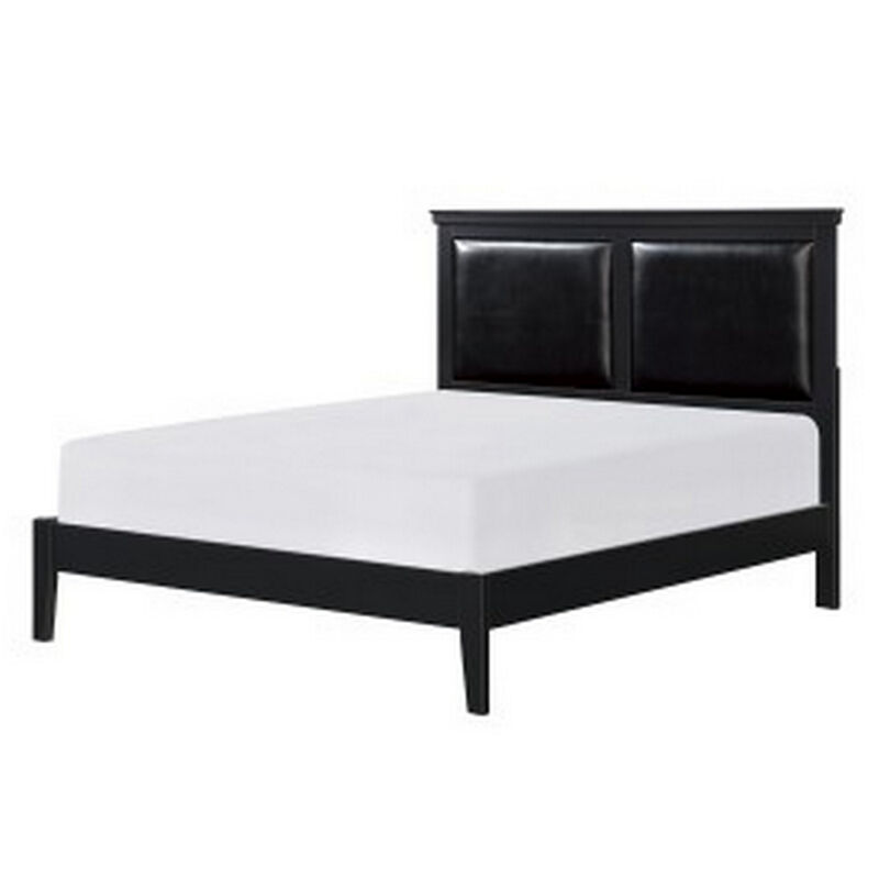 Brite Queen Size Bed, Black Faux Leather Upholstered Headboard, Low Profile - Benzara