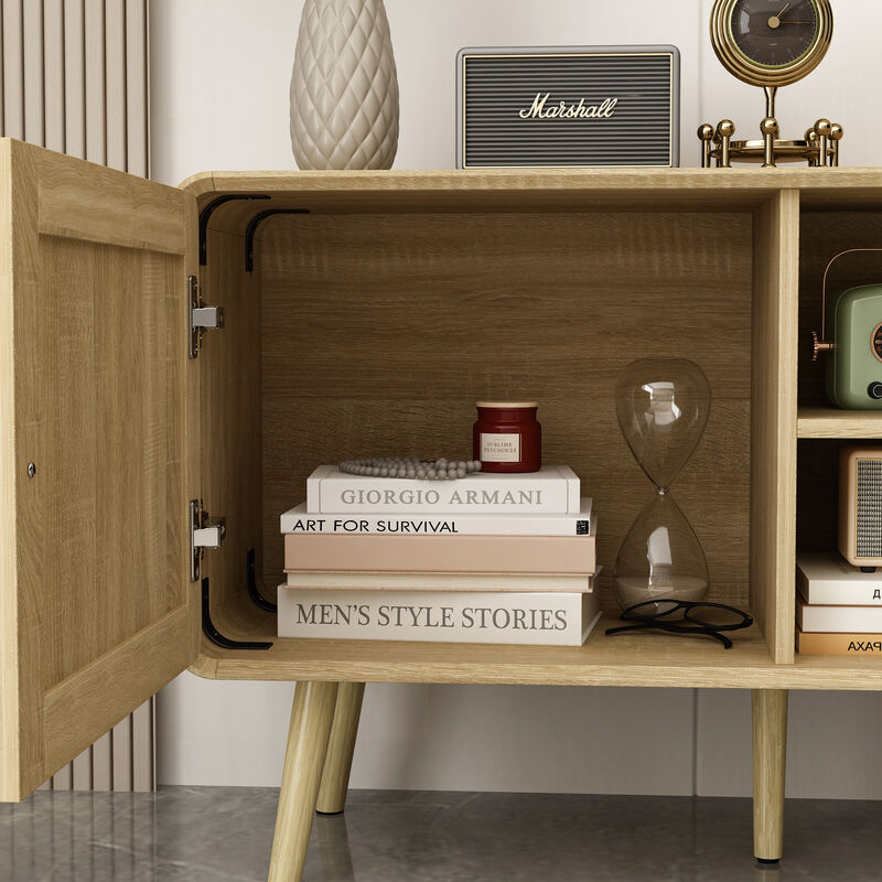 FUFU&GAGA Modern Rattan TV Stand with Storage Cabinets & Shelves, Gold Accents (70.9" W x 13.9" D x 23.2" H),Natural Wood Finish