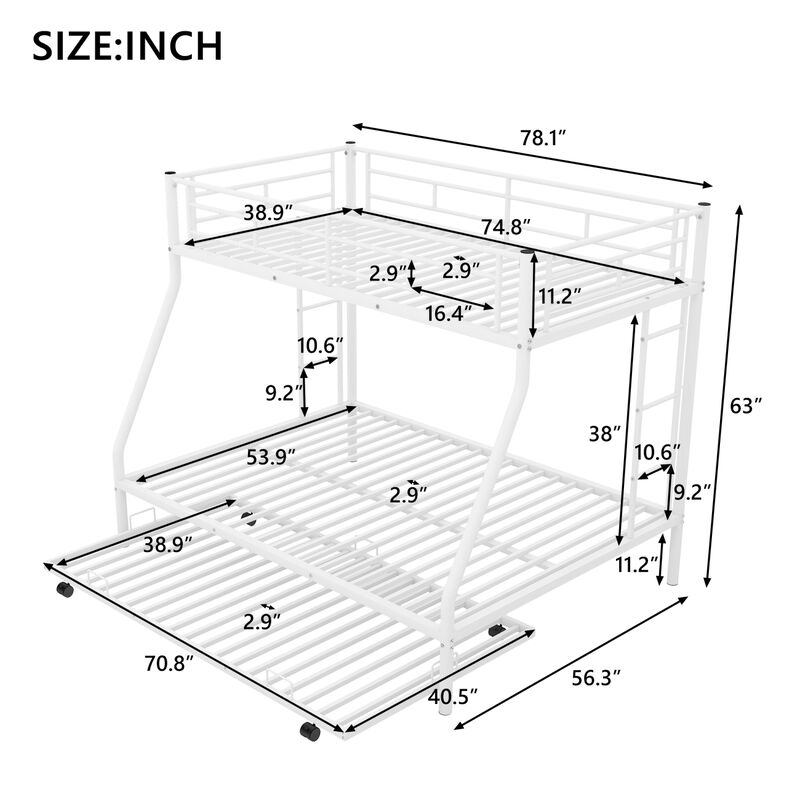 Twin Over Full Bed With Sturdy Steel Frame, Bunk Bed With Twin Size Trundle, Two-Side Ladders