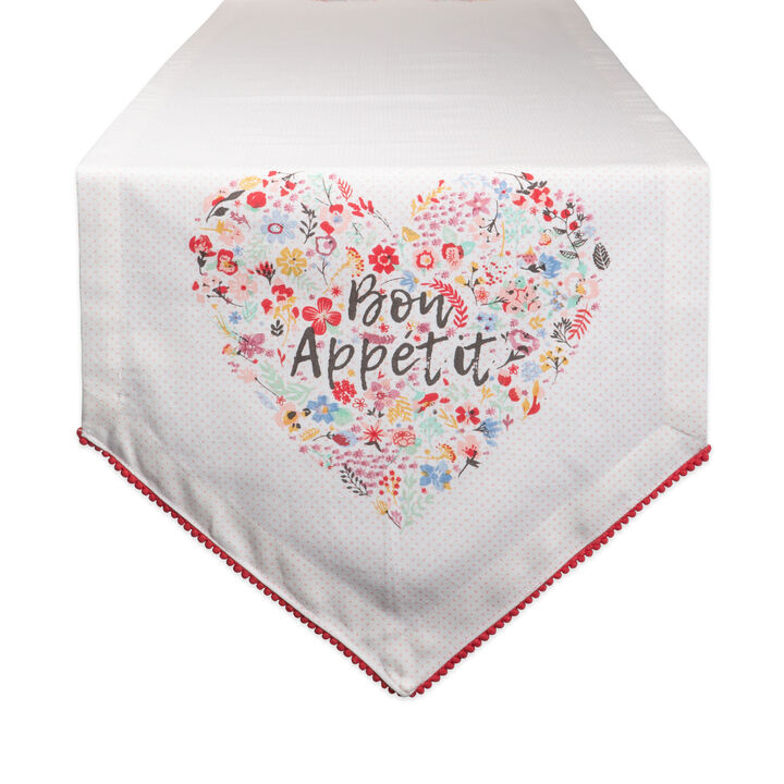 72" White Rectangular Table Runner with Bon Appetit Design