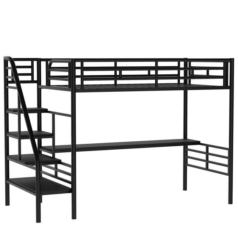 Metal Loft Bed Frame With Desk, No Box Spring Needed, Twin