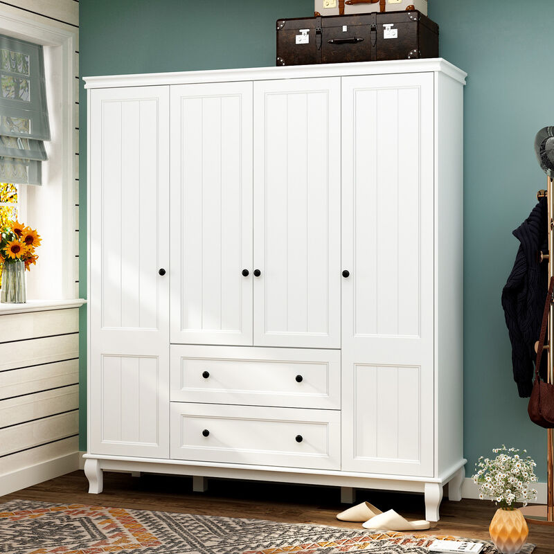 FUFU&GAGA Contemporary 4-Door Wardrobe Closet with Hanging Rod, 2 Drawers, and 4 Storage Compartments, (63" W x 18.9" D x 71.3" H), White