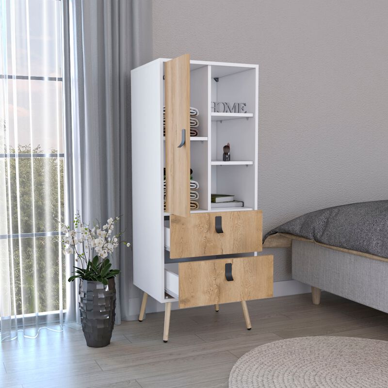 Huna Tall Dresser, Unit with Door, 2 Drawers, and Open Shelves-White / Macadamia